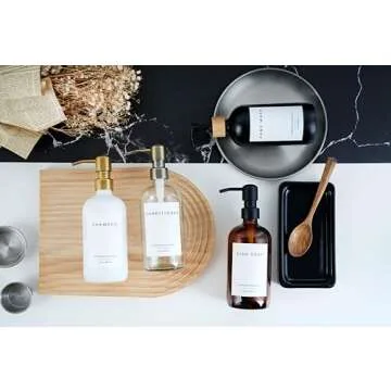 Emerson Soap Dispenser, Dish Soap Dispenser for Kitchen - Soap Dispenser Bathroom Set, Hand Soap Dispenser, Kitchen Soap Dispenser Set, Glass Soap Dispenser with Pump and Labels - 16 Oz | 2 Pack