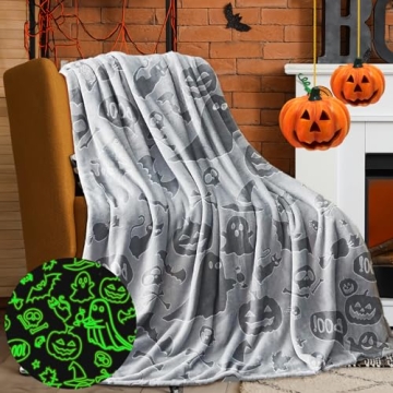 KAKWACO Glow in the Dark Halloween Blanket for Kids - Cute Pumpkins & Bats, 60x50