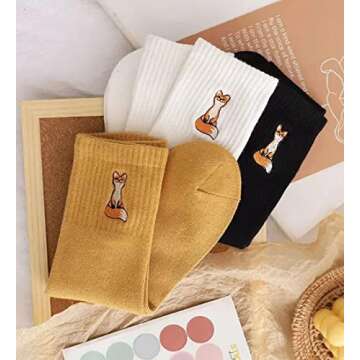 Meloday Fox Embroidery Cute Women's Crew Socks Kawaii Soft Cotton - 5 pairs per pack