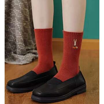 Meloday Fox Embroidery Cute Women's Crew Socks Kawaii Soft Cotton - 5 pairs per pack