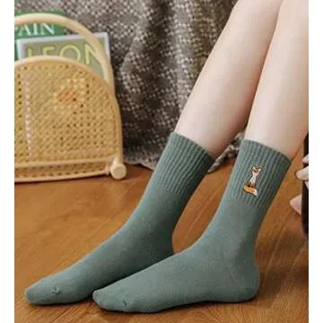 Meloday Fox Embroidery Cute Women's Crew Socks Kawaii Soft Cotton - 5 pairs per pack