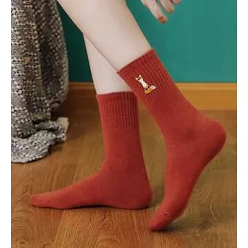 Meloday Fox Embroidery Cute Women's Crew Socks Kawaii Soft Cotton - 5 pairs per pack