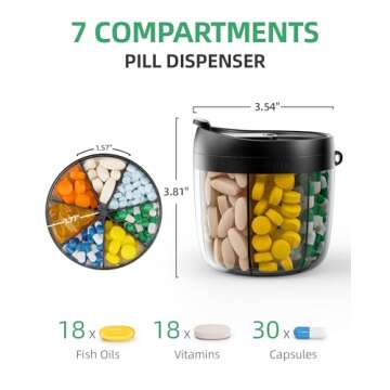 PULIV Portable Pill Dispenser Bottle, Vitamin Organizer with 7 Compartments, Holds Plenty of Supplements with Anti-Mixing & Wide Openings Design, Easy to Retrieve Meds, Includes 20 Pcs Sticky Labels