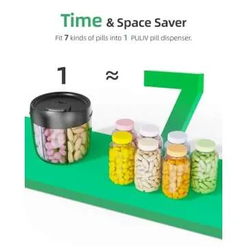 PULIV Portable Pill Dispenser Bottle, Vitamin Organizer with 7 Compartments, Holds Plenty of Supplements with Anti-Mixing & Wide Openings Design, Easy to Retrieve Meds, Includes 20 Pcs Sticky Labels