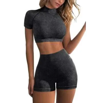 ABOCIW Workout Outfits for Women 2 Piece Seamless Ribbed Gym Yoga High Neck Short Sleeve Crop Top with Tummy Control Butt Litffing High Wasit Shorts Sets #2 Black X-Large