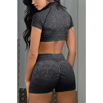 ABOCIW Workout Outfits for Women 2 Piece Seamless Ribbed Gym Yoga High Neck Short Sleeve Crop Top with Tummy Control Butt Litffing High Wasit Shorts Sets #2 Black X-Large