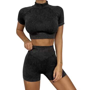 ABOCIW Workout Outfits for Women 2 Piece Seamless Ribbed Gym Yoga High Neck Short Sleeve Crop Top with Tummy Control Butt Litffing High Wasit Shorts Sets #2 Black X-Large