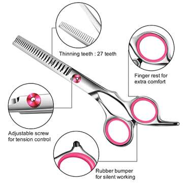 Wikdey Pink Dog Grooming Scissors with Safety Round Tip,Pet Grooming scissors Kit,Dog Shears for Grooming,Incude Thinning,Curved Grooming Scissors and Comb for dogs, cats.Suitable for The Right Hand