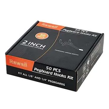 Rawall 2 Inch 50-Pack,Sturdy and Durable L Shape Galvanized Metal suitbale for 1/4 and 1/8 Pegboard Hooks with Rubber Tipped,Pegboard Hooks for Garage,Office,Kitchen,Store(Silver)