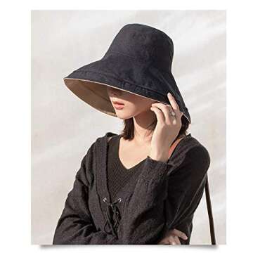 FaroDor Women's Reversible Bucket Hat UV Sun Protection Wide Brim Foldable Floppy Bucket Hat Black
