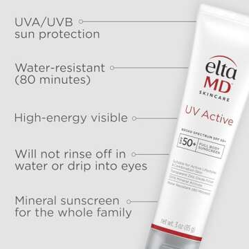 EltaMD UV Active Mineral Sunscreen with Zinc Oxide, Water Resistant Sunscreen SPF 50+ Up to 80 Minutes, for Face and Body, 3.0 oz Tube