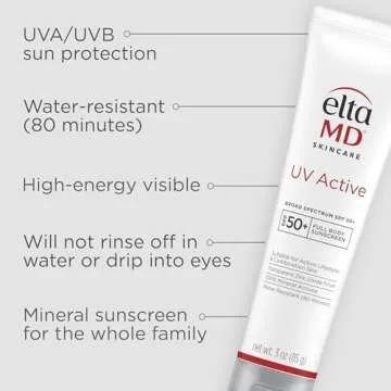 EltaMD UV Active Mineral Sunscreen with Zinc Oxide, Water Resistant Sunscreen SPF 50+ Up to 80 Minutes, for Face and Body, 3.0 oz Tube