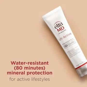 EltaMD UV Active Mineral Sunscreen with Zinc Oxide, Water Resistant Sunscreen SPF 50+ Up to 80 Minutes, for Face and Body, 3.0 oz Tube