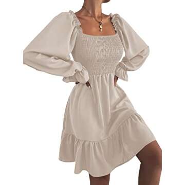 LYANER Women's Long Puff Sleeve Square Neck Shirred Ruffle Swing Midi Dress Solid Beige Small