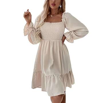LYANER Women's Long Puff Sleeve Square Neck Shirred Ruffle Swing Midi Dress Solid Beige Small