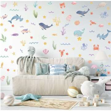 YIMEHDAN Watercolor Ocean Wall Decals, Whales Dolphins Seaweed Fish Vinyl Wall Stickers, Removable C...