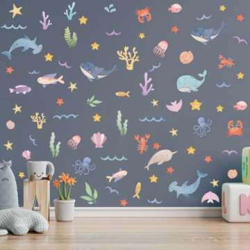 YIMEHDAN Watercolor Ocean Wall Decals, Whales Dolphins Seaweed Fish Vinyl Wall Stickers, Removable Cartoon Under The Sea Animal Artwork for Baby Bedroom Playroom Bathroom Decor