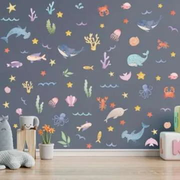 YIMEHDAN Watercolor Ocean Wall Decals, Whales Dolphins Seaweed Fish Vinyl Wall Stickers, Removable Cartoon Under The Sea Animal Artwork for Baby Bedroom Playroom Bathroom Decor