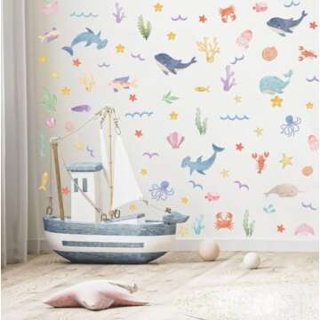 YIMEHDAN Watercolor Ocean Wall Decals, Whales Dolphins Seaweed Fish Vinyl Wall Stickers, Removable Cartoon Under The Sea Animal Artwork for Baby Bedroom Playroom Bathroom Decor