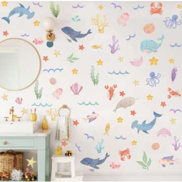 YIMEHDAN Watercolor Ocean Wall Decals, Whales Dolphins Seaweed Fish Vinyl Wall Stickers, Removable Cartoon Under The Sea Animal Artwork for Baby Bedroom Playroom Bathroom Decor