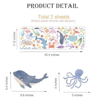 YIMEHDAN Watercolor Ocean Wall Decals, Whales Dolphins Seaweed Fish Vinyl Wall Stickers, Removable Cartoon Under The Sea Animal Artwork for Baby Bedroom Playroom Bathroom Decor