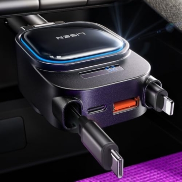LISEN Retractable Car Charger [2025 Updated] 96W Fast Charging 4 in 1 Retractable Phone Charger for ...