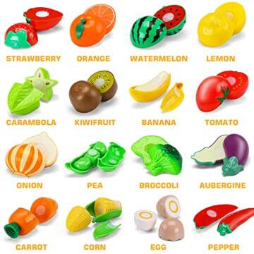42 Items 87 Pcs Cutting Play Food Toy for Kids Kitchen Set,Pretend Cooking Fruit &Vegetables&Fast Fo...