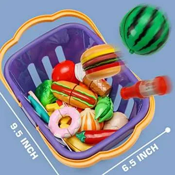 42 Items 87 Pcs Cutting Play Food Toy for Kids Kitchen Set,Pretend Cooking Fruit &Vegetables&Fast Food with Storage Basket,Fake Food for Toddler&Baby,Educational Gift for Girls Boys Children Birthday
