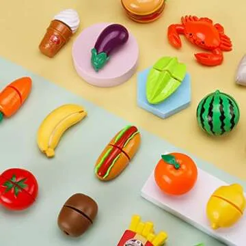 42 Items 87 Pcs Cutting Play Food Toy for Kids Kitchen Set,Pretend Cooking Fruit &Vegetables&Fast Food with Storage Basket,Fake Food for Toddler&Baby,Educational Gift for Girls Boys Children Birthday