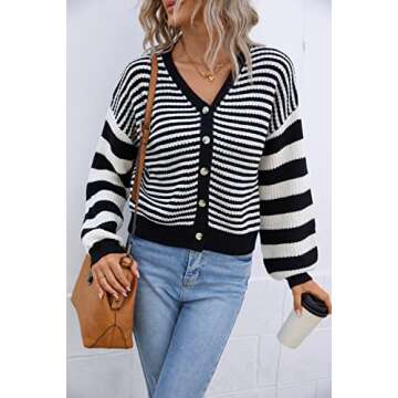 Blooming Jelly Women's Open Front Cardigan Sweaters Oversized Striped Chunky Waffle Knit Sweater Cardigans (Medium, Black & White Striped)