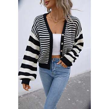 Blooming Jelly Women's Open Front Cardigan Sweaters Oversized Striped Chunky Waffle Knit Sweater Cardigans (Medium, Black & White Striped)