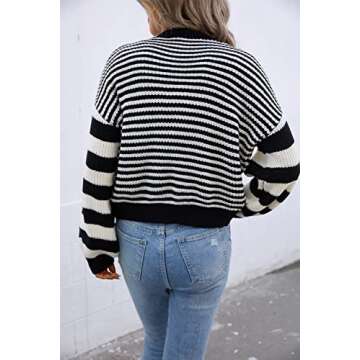 Blooming Jelly Women's Open Front Cardigan Sweaters Oversized Striped Chunky Waffle Knit Sweater Cardigans (Medium, Black & White Striped)