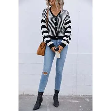 Blooming Jelly Women's Open Front Cardigan Sweaters Oversized Striped Chunky Waffle Knit Sweater Cardigans (Medium, Black & White Striped)