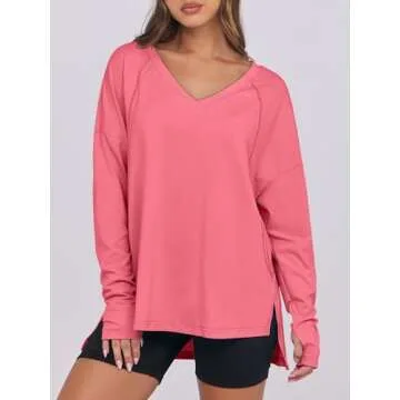 ANRABESS Women's Long Sleeve Shirts Oversized V Neck Batwing Tunic Tops Causal Loose Fall Fashion 2024 Sweatshirts Pink Large