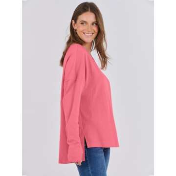 ANRABESS Women's Long Sleeve Shirts Oversized V Neck Batwing Tunic Tops Causal Loose Fall Fashion 2024 Sweatshirts Pink Large