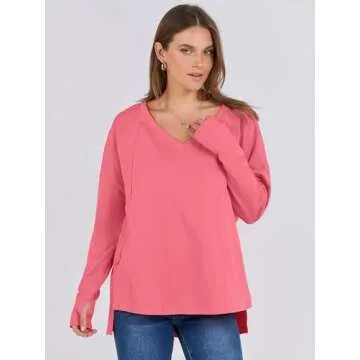 ANRABESS Women's Long Sleeve Shirts Oversized V Neck Batwing Tunic Tops Causal Loose Fall Fashion 2024 Sweatshirts Pink Large