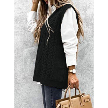 NALANISA Women V Neck Sleeveless Oversized Sweater Vest Casual Loose Cable Knit Sweaters Tank Pullover Fall Winter Outfits(Black, XX-Large)