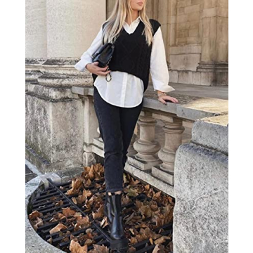 NALANISA Women V Neck Sleeveless Oversized Sweater Vest Casual Loose Cable Knit Sweaters Tank Pullover Fall Winter Outfits(Black, XX-Large)