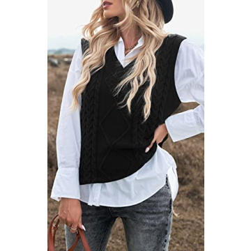 NALANISA Women V Neck Sleeveless Oversized Sweater Vest Casual Loose Cable Knit Sweaters Tank Pullover Fall Winter Outfits(Black, XX-Large)