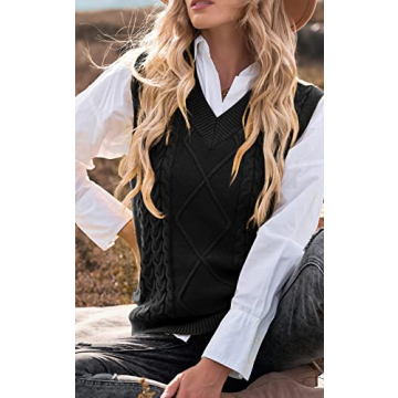 NALANISA Women V Neck Sleeveless Oversized Sweater Vest Casual Loose Cable Knit Sweaters Tank Pullover Fall Winter Outfits(Black, XX-Large)