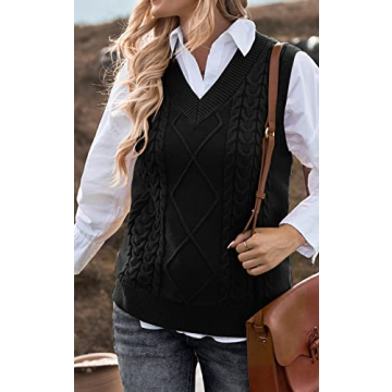 NALANISA Women V Neck Sleeveless Oversized Sweater Vest Casual Loose Cable Knit Sweaters Tank Pullover Fall Winter Outfits(Black, XX-Large)