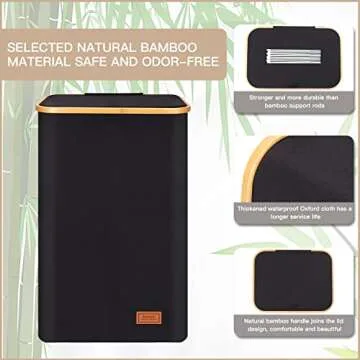 120L Laundry Hamper with Lid - Tall Laundry Basket with Removable Laundry Bag, Bamboo Handles, Collapsible, Sturdy, Clothes Hamper for Bedroom, Bathroom, Dorm, Laundry Room, Black