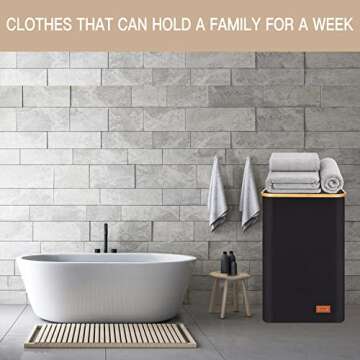 120L Laundry Hamper with Lid - Tall Laundry Basket with Removable Laundry Bag, Bamboo Handles, Collapsible, Sturdy, Clothes Hamper for Bedroom, Bathroom, Dorm, Laundry Room, Black