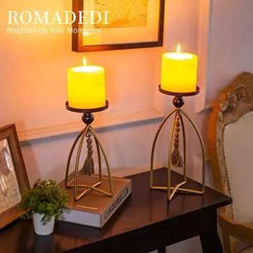 Romadedi Pillar Candle Holder Boho Decor - Set of 2 Vintage Bead Candle Stand Decorative Black Gold Metal Farmhouse Rustic Table Centrepiece Living Room Mantle Shelf Home Deocoration