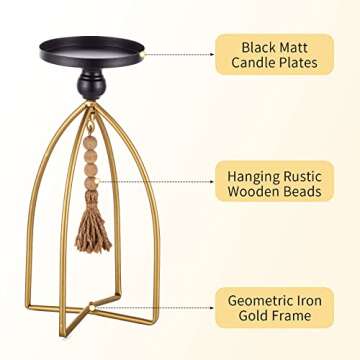 Romadedi Pillar Candle Holder Boho Decor - Set of 2 Vintage Bead Candle Stand Decorative Black Gold Metal Farmhouse Rustic Table Centrepiece Living Room Mantle Shelf Home Deocoration