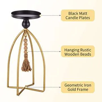 Romadedi Pillar Candle Holder Boho Decor - Set of 2 Vintage Bead Candle Stand Decorative Black Gold Metal Farmhouse Rustic Table Centrepiece Living Room Mantle Shelf Home Deocoration