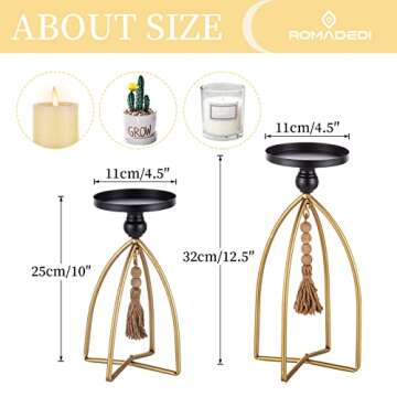 Romadedi Pillar Candle Holder Boho Decor - Set of 2 Vintage Bead Candle Stand Decorative Black Gold Metal Farmhouse Rustic Table Centrepiece Living Room Mantle Shelf Home Deocoration