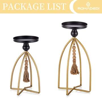 Romadedi Pillar Candle Holder Boho Decor - Set of 2 Vintage Bead Candle Stand Decorative Black Gold Metal Farmhouse Rustic Table Centrepiece Living Room Mantle Shelf Home Deocoration