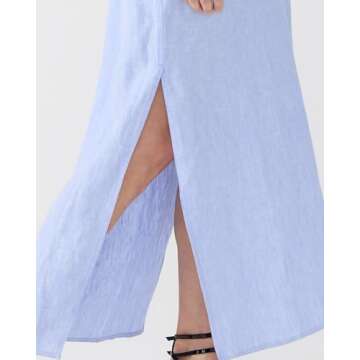 Women Cotton Linen Shirt Dress Casual Split Maxi Dresses Long Kimonos Cardigans Beach Cover Up Sundress Blue