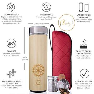 Insulated Bamboo Tea Travel Tumbler with Infuser, Strainer & Sleeve - For Hot Coffee or Cold Tea, St...